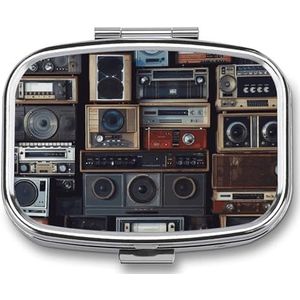 Pillendoos 2 compartimenten medicijn pillendoosje vintage muur van radio boombox bedrukte draagbare pillendoos reizen pillenorganizer voor zak portemonnee dagelijkse geneeskunde vitamine doos visolie