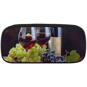 DDTKLSNV Lederen Potlood Tas Waterdichte Leuke Pen Case Reizen Cosmetische Make-up Tas Organizer Pen Houder voor Mannen Vrouwen, Art Rode Wijn Galsses & Druiven