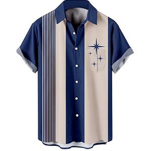Heren Gestreepte Fashion Shirts Button Down Short Sleeve Vintage Hawaiian Bowling Shirt Casual Camp Beach Tops, 01 Gestreepte Blue Star, S