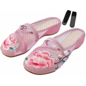 Chinese mesh pantoffels for dames, bloemenjacquard mesh, Chinese sandaalpantoffels met sokken (Color : Pink, Size : 39 EU)
