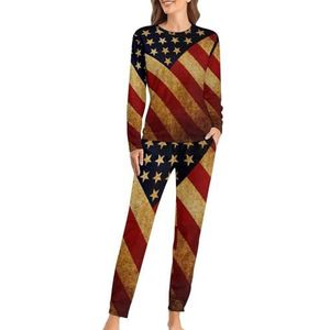 Vintage vlag van de VS zachte damespyjama met lange mouwen warme pasvorm pyjama loungewear sets met zakken L