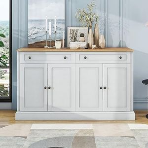 Doyisy Groot dressoir met 4 deuren en 2 laden, moderne buffetkast voor eetkamer en woonkamer, 150 x 40 x 86 cm (antiek wit + natuurlijk hout)