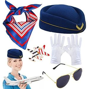 Stewardessen hoed | Stewardess Kostuum Dames,Stewardess kostuum voor gestreepte sjaal baret handschoenen vliegtuig broche zonnebril Joberio