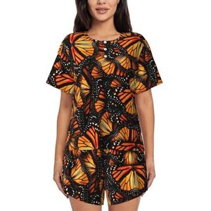 YQxwJL Heaps Of Oranje Monarch Vlinders Print Vrouwen Pyjama Sets Shorts Korte Mouw Lounge Sets Nachtkleding Casual Pjs Met Zakken, Zwart, 3XL