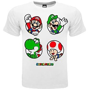Fashion UK T-shirt figuren Mario Mario, Luigi, Yoshi en Toad. 100% katoen, kleur wit met logo, gelicentieerd product, kindermaat, voor jongens en meisjes, Wit, 5-6 anni