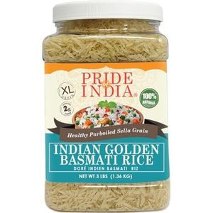 Pride Of India - Extra lange Indiase gouden basmatirijst - Gezonde voorgekookte Sella-korrel, 3,30 pond (1,5 kilo) pot (2,2 pond + 50% extra gratis = 3,3 pond in totaal)