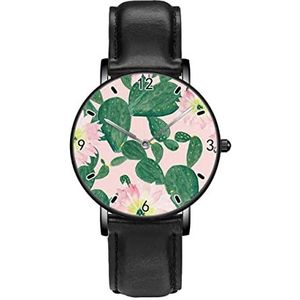 Cactus Roze Bloemenprint Klassieke Patroon Horloges Persoonlijkheid Business Casual Horloges Mannen Vrouwen Quartz Analoge Horloges, Zwart