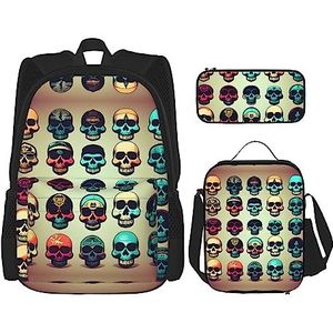 KoNsev Print Rugzak 3 Stuks Set Reizen Wandelen Lichtgewicht Laptop Etui Geïsoleerde Lunch Tas voor Vrouwen, Veel Vossen Print, Veel Cool Retro Skull Head Graphics, Eén maat