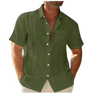 Herenoverhemd Linnen Katoen Strandoverhemd Met Korte Mouwen, Regular Fit Kampoverhemden Zomer heren t-shirt(Green,XXL)