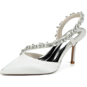 KYEGLO Satijnen Damessandalen Met Spitse Neus En Riempje - Gesloten Neus, Naaldhak Met Strass-Steentjes, Feestelijke Bruiloftsschoenen, Cadeaus Voor Dames,ivoor,36 EU