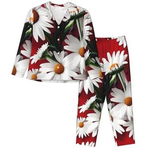 sttung Rode bloemen en witte madeliefjesprint dames lange mouwen vest pyjama set zacht ademend voor thuis ontspanning, Zwart, S