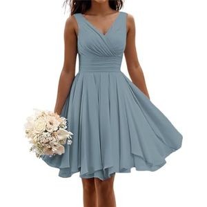 Korte bruidsmeisjes jurken voor vrouwen mouwloze geplooide chiffon V-hals A-lijn formele jurken avondjurken, Dusty Blauw, 34