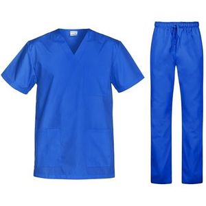 B-well Cesare Scrubset met tuniek en broek, artsenuniform, uniseks, geneeskunde, slip-on jas met broek, medische beroepskleding, koningsblauw, M