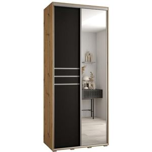 MEBLE KRYSPOL Davos 11 110 Kledingkast met twee schuifdeuren voor slaapkamer - Moderne Kledingkast met spiegel, kledingroede en planken - 235,2x110x45 cm - Artisan Black Silver