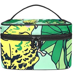 Tropische Palm Driehoek Patroon Make-up Tas voor Vrouwen Meisjes Cosmetische Tassen met Handvat Reizen Make-up Organizer Tas, Blauw Geel Budgie Tropische Palmbladeren, 8.9x5.9x5.4 Inches, Make-up zakje