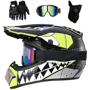 Jeugd Kinderen Motorcross Helm Set, met Goggles Handschoenen Mondkapje, Unisex Volledig Gezicht Offroad Straat Race Motor Helmen, Downhill Enduro BMX MTB ATV Quad Dirt Bikes Helm(Black,L/56-57CM)