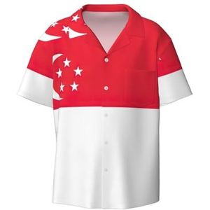 EdWal Singapore Vlag Print Heren Korte Mouw Button Down Shirts Casual Losse Fit Zomer Strand Shirts Heren Jurk Shirts, Zwart, XXL