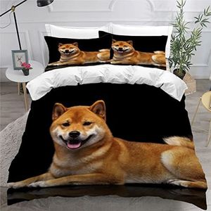 AOLIGL Hond Dekbedovertrek Set Dubbele King Size 3D Gedrukt Shiba Inu Beddengoed Set Shiba Inu 3-delig Quilt Cover Puppy Zachte Microfiber Huisdieren Dekbedovertrek Met Rits