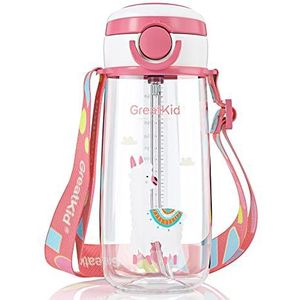 Drinkfles met rietje, 500 ml, BPA-vrij, inklapbaar deksel, riem/transportgesp, waterdicht, voor meisjes en jongens, geschikt voor kinderen, volwassenen, roze