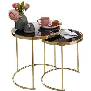 WOHNLING Design Nesttafel CORA zwart/goud bijzettafel metaal/glas | Salontafel set van 2 tafels | Kleine salontafel | Metalen tafel met glazen blad | Opbergtafel modern