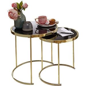 WOHNLING Design Nesttafel CORA zwart/goud bijzettafel metaal/glas | Salontafel set van 2 tafels | Kleine salontafel | Metalen tafel met glazen blad | Opbergtafel modern