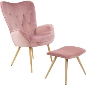 De Albatros-oorfauteuil met YORK-kruk, roze, fluwelen hoes, comfortabel gestoffeerd, tv-fauteuil, gestoffeerde fauteuil