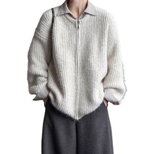 LoprNsdgt Dames Lange Mouw Zip-Up Ronde Hals Tops Herfstmode Pluche Losse Cardigan Truien,Beige,One Size