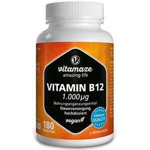 Vitamine B12 1000 mcg Methylcobalamin Hoge Dosis, 180 Veganistische Tabletten, 6 Maand Voorraad, Supplement zonder Additieven, Made in Germany