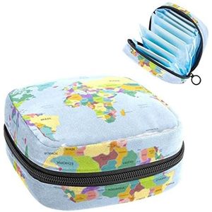 Maandverband Opbergtas,Draagbare maandverband Opbergzak,Wereldkaart, Meerkleurig, 4.7x6.6x6.6 in/12x17x17 cm