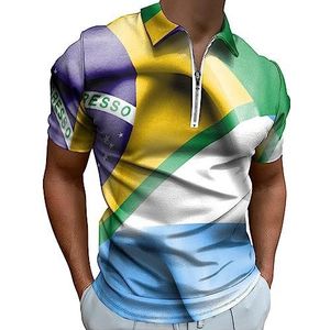 Golvende vlag van Argentinië en Brazilië poloshirt voor heren, casual T-shirts met ritssluiting en kraag, golftops, slim fit