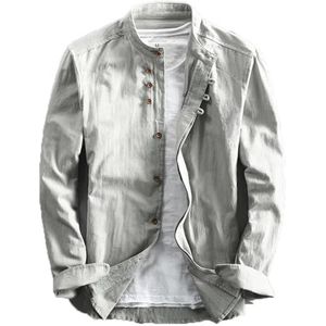 Soulona shirt, Japan stijl shirt, lange mouwen, casual overhemd met knopen, vintage shirts, staande kraag, modieuze overhemden, Lichtgrijs, L