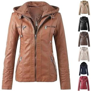 Dames Leren Jas Met Capuchon, Winter Motorjas, Bomberjack, Bikerjack Met Rits, Afneembare Overgangsjas, Imitatieleren Jassen, Plus Size Overgangsjas(Orange,XXL)