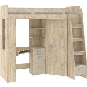 FurnitureByJDM Hoogslaper Met Bureau, Kast en Planken – Compact Kinderbed Met Opbergruimte – Complete Set (120x204 cm) – Bed 80x200 cm – Trap Rechts – (Endgrain Eik/Granada Amandel)