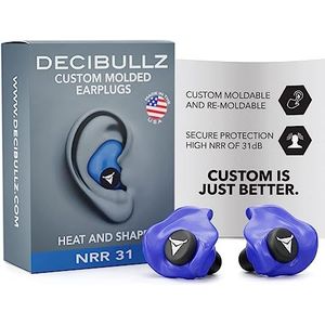 Decibullz | Custom Molded Earplugs, Comfortabele Gehoorbescherming, 31dB Demping | Slaap, Concert, Werk, Sport | 3 maten van oordopjes, opbergetui | made in USA - Blauw