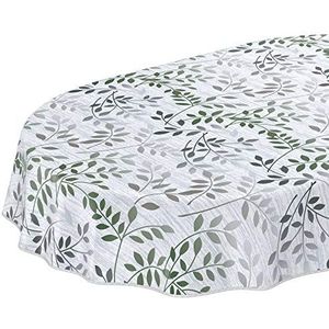 Wasdoek tafelkleed, afwasbaar tuintafelkleed van tafelzeil, rond, ovaal, rechthoekig, voor binnen en buiten, bladeren, zilver/groen, 240 x 140 cm, met zoom, omzoomd