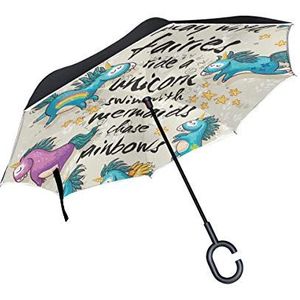 Jeansame Paraplu Reverse Paraplu's Omgekeerde Paraplu Eenhoorn Vintage Beige Dubbele Laag Zon Regen Winddichte Paraplu met C Vormige Handvat voor Auto Gebruik Mannen Vrouwen