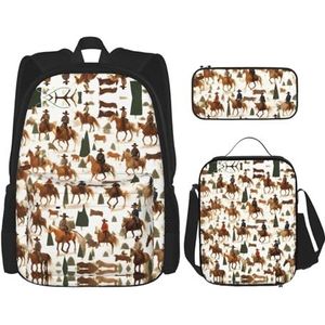 SUHNGE Leuke zwarte mopshond hond-standaardschaal-2_00x print reisrugzak3 stuks set, lichtgewicht waterbestendige boekentas, lunchtas, etui, Cowboy Ride Paard, Eén maat