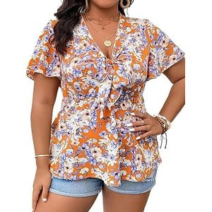 damestop in grote maten Plus Floral Print Knot Front Butterfly Sleeve Peplum Blouse (Color : Multicolore, Size : 0XL)
