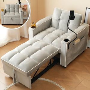 YuQozii 3-in-1 uittrekbare slaapbank, met bekerhouders en telefoonhouder, ligstoel, slaapstoel, fauteuil, perfect voor kleine ruimtes, 83 x 167 x 76 cm (antiek grijs-wit)