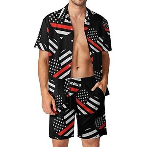 Rode lijn hart vlag brandweerman mannen Hawaiiaanse bijpassende set 2 stuk outfits button down shirts en shorts voor strand vakantie