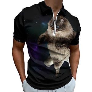Grappige kat vliegende in Galaxy poloshirt voor mannen, casual T-shirts met ritssluiting en kraag, golftops, slim fit