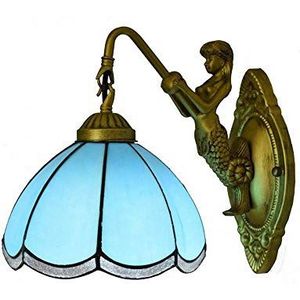 8-Inch Tiffany Stijl Mediterrane Gebrandschilderd Glas Lampenkap Wandlamp Handgemaakte Kleurhars Basis Zeemeermin Standbeeld Retro Wandlamp Restaurant Slaapkamer Decoratie