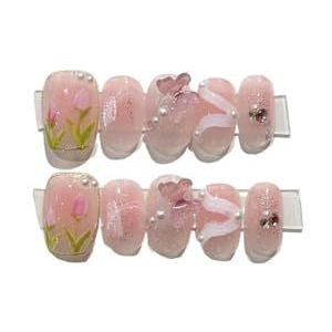 Handgemaakte acryl roze blush draagbare kunstnagels met lijm volledige dekking korte druk op nagels mooie meisjes nagelverbetering (Color : 9, Size : Xs)