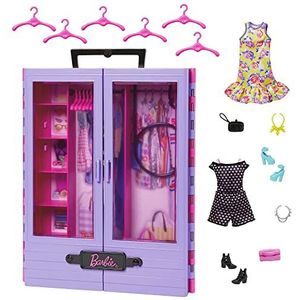 Barbie Fashionistas Ultieme Kledingkast Accessoire, Doorschijnende Deuren, Opbergplekken, Inklapbaar Rek, 6 Hangers, geweldig cadeau voor kinderen van 3 jaar en ouder, HJL65