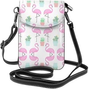 Tropische flamingo schattige cactus stijlvolle lederen crossbody flip case, vrouwen ruime telefoon tas, mobiele telefoon case tas