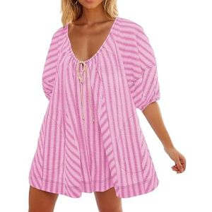 Jumpsuit for dames 2024 zomer gezwollen jumpsuit met korte mouwen en zakken, verstelbare halslijn, oversized jumpsuit(Color:Pink,Size:XL)