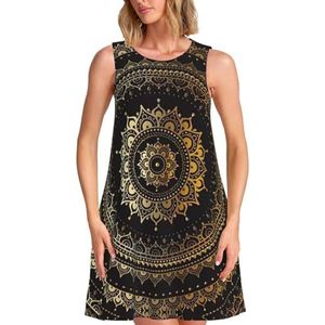 CKGODGF Mouwloze knielange jurk met mandala-print en zakken voor feestjes en vakanties, Zwart, S