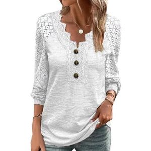 LAZIRO Dames zomer en herfst casual pullover kant splicing slim T-shirt V-hals kant lange mouwen tops, Wit, XL