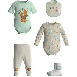 GUESS Unisex Eco Bodysuits, Sweatpants, Bib and Socks 5 Piece Set, Light Oatmeal Heather, 9