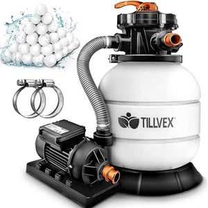 tillvex Zandfiltersysteem 7.900L/h + 400g Filterkogels | Zandfilterinstallatie filterinstallatie 7-weg ventiel & Adapter Ø32-38mm | Zwembadfilter met drukweergave | Zandfilter zwembad (Wit/Oranje)